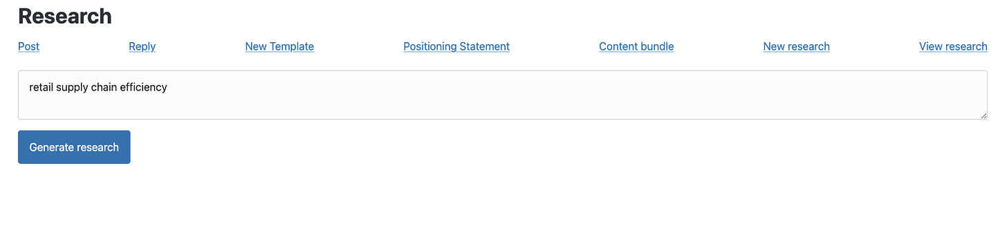 an image of a web form input with the text "retail supply chain efficiency" filled in. A button with the text "Generate research."