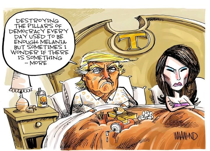 May be a doodle of the Oval Office and text that says 'DESTROYING THE PILLARS OF DEMOCRACY EVERY DAY USED to BE ENOUGH. MELANIA, BUT SOMETIMES I WONDER IF THERE IS SOMETHING ...MORE aitptat O W WHAM-ND'