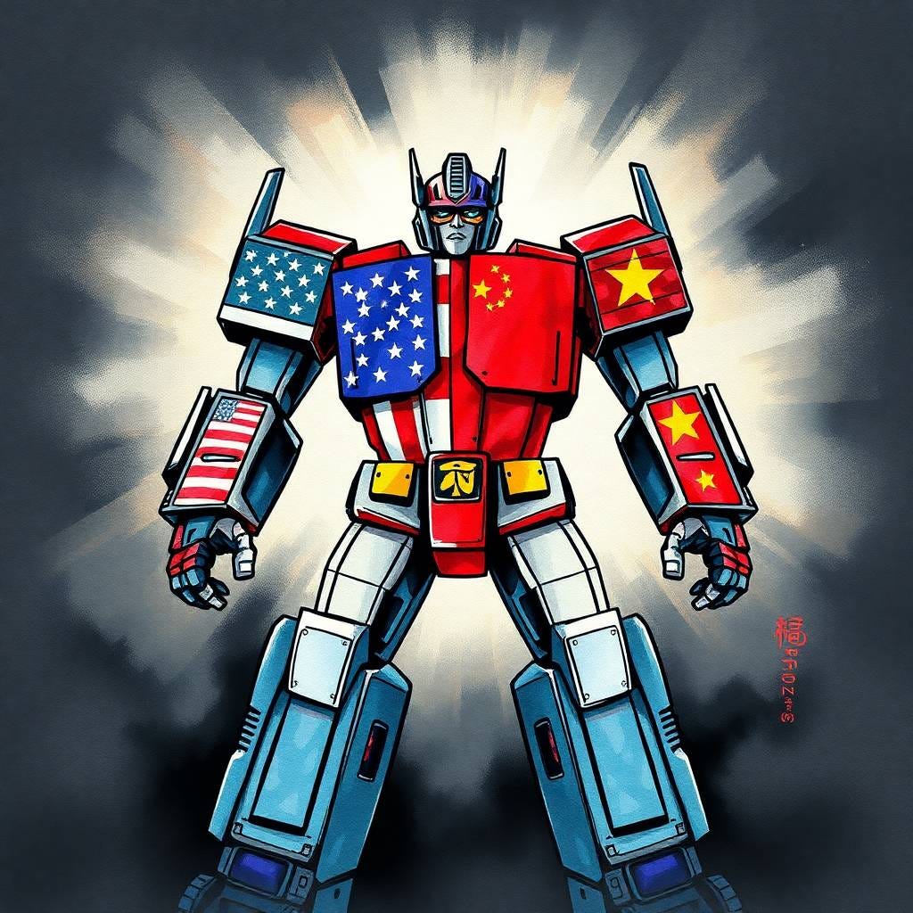 A transformers style robot with both US and Chinese flag stylings