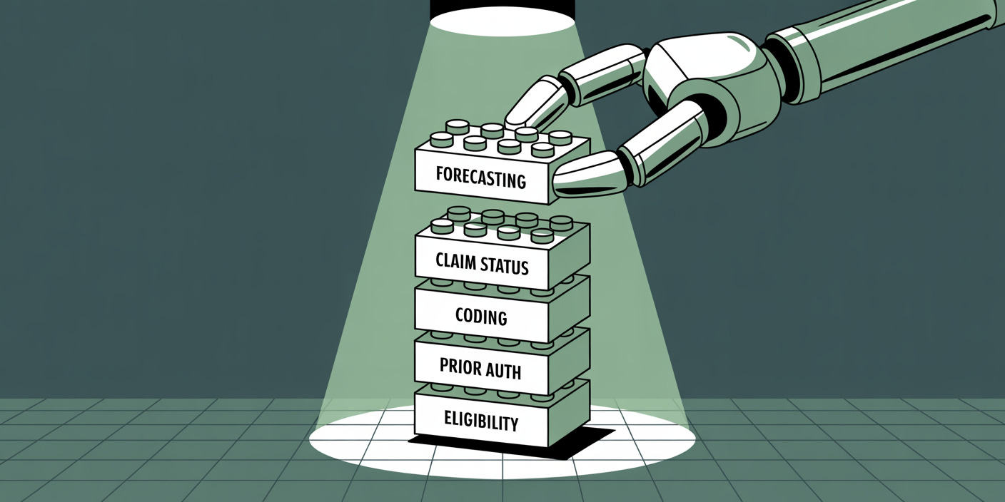 Illustration of a robotic arm assembling a vertical stack of interlocking Lego-style blocks labeled Eligibility, Prior Auth, Coding, Claim Status, and Forecasting. The blocks are stacked in order under a spotlight, symbolizing modular healthcare infrastructure built with precision and sequencing.
