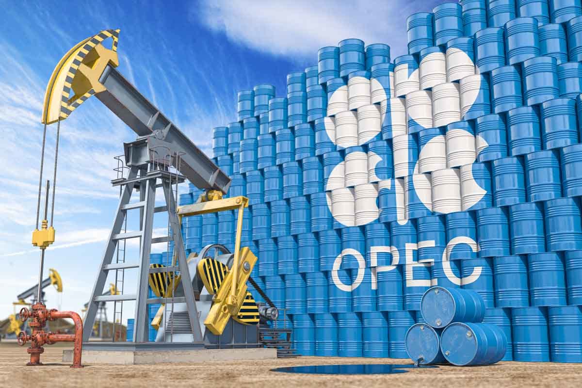 Oil pumpjack and OPEC-branded barrels illustrating oil production and OPEC's influence on the market