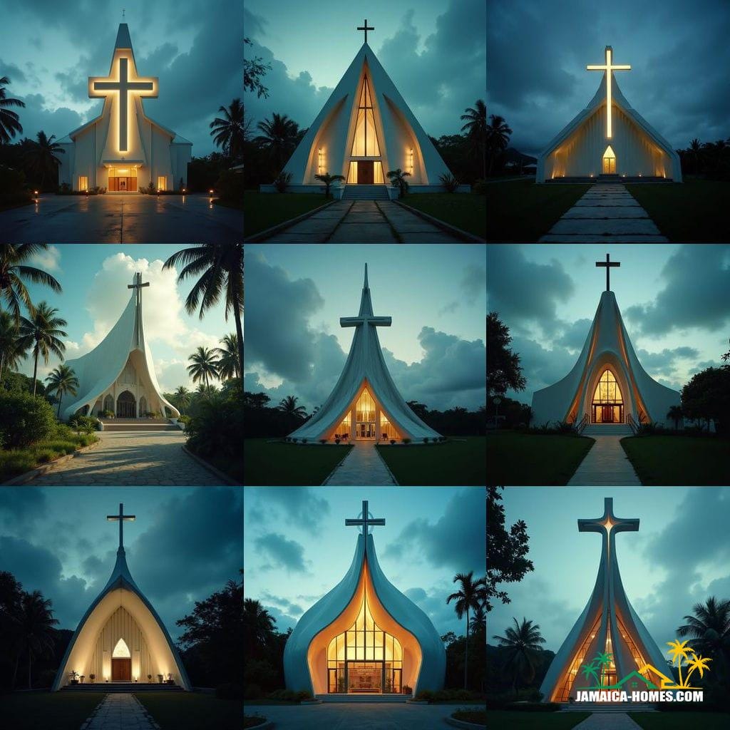 A modern church building in Jamaica, Caribbean, architecturally sculpted into the distinct shape of a Christian cross.