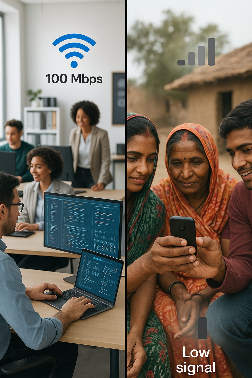 Split image showing digital divide in India - urban professionals with advanced tech versus rural users sharing basic smartphones.