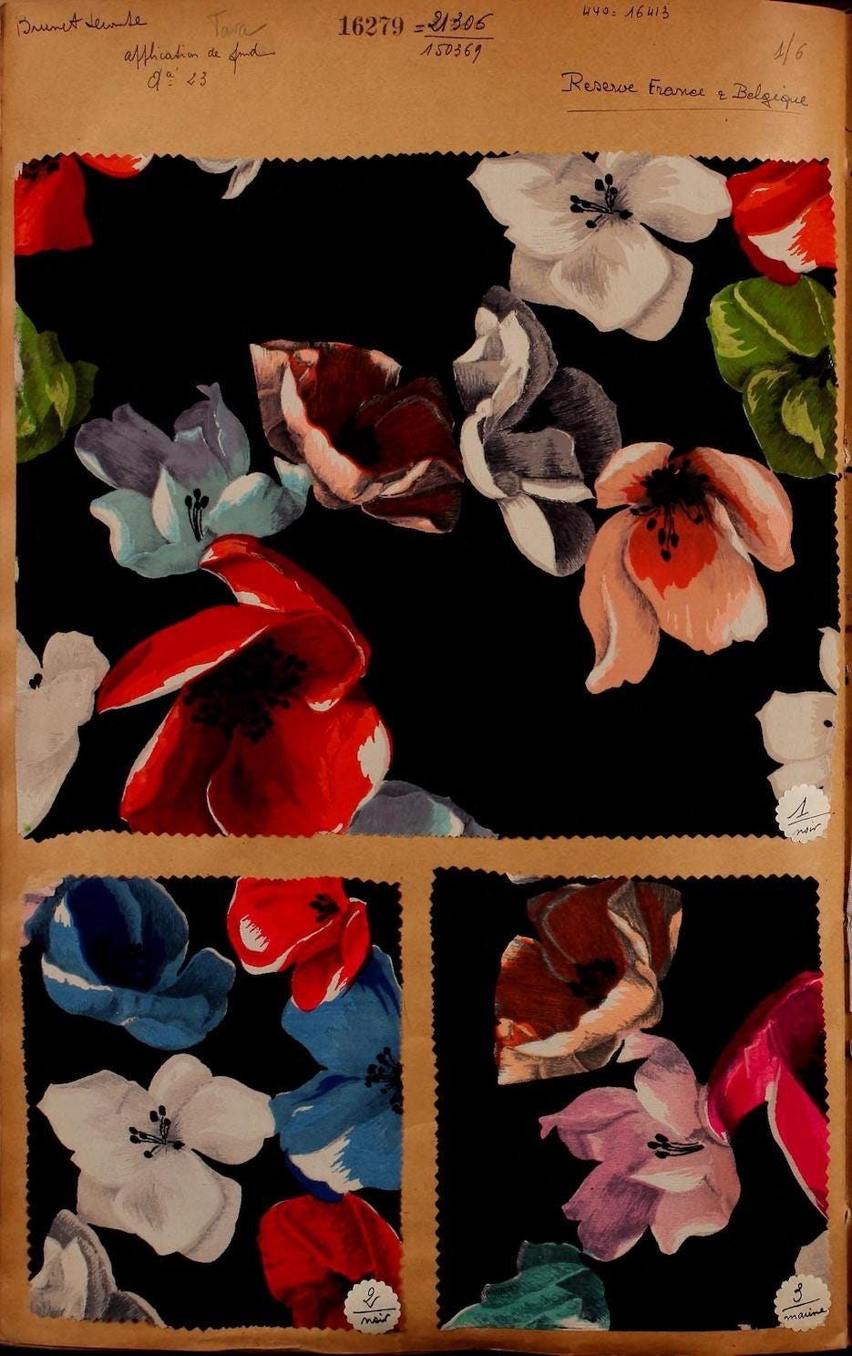 Scarps of silk material featuring brightly coloured floral design stuck to the brown page of a scrapbook