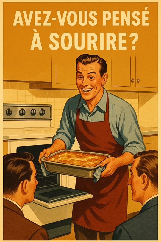 May be an image of 2 people, baguette and text that says 'AVEZ-VOUS AVEZ- PENSÉ À SOURIRE?'