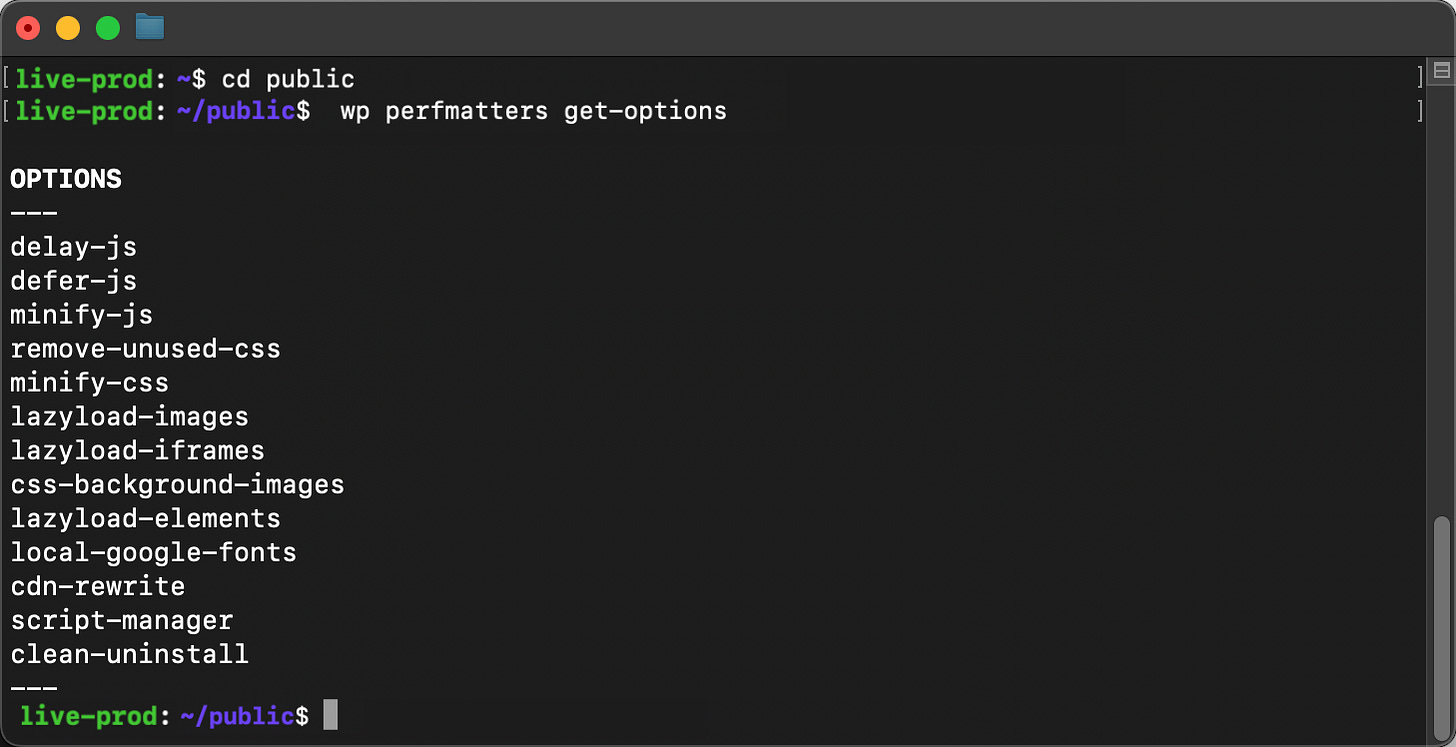 WP-CLI get-options in Perfmatters