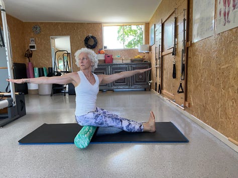 nine photos with a white haired woman in exercise clothing doing each of the Pilates exercises listed in the email
