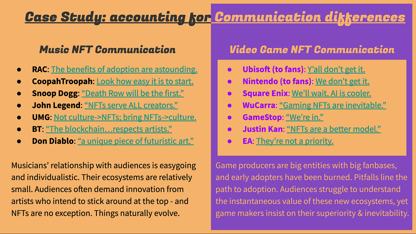 Accounting for Music vs. Gaming NFT value communication. Cooper Reed for CWCB 