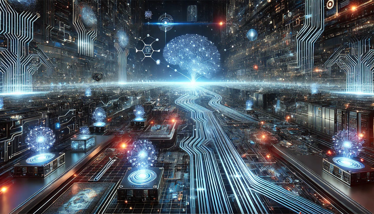 A futuristic tech landscape illustrating scalable AI computation enhancing reasoning capabilities. The image showcases a vast digital infrastructure with interconnected AI cores expanding dynamically, symbolizing scalability. Neural networks stretch across the scene, processing complex data streams with efficiency. Quantum computing elements and structured logic patterns float in a cybernetic space, visually representing enhanced reasoning. AI-powered entities analyze and synthesize information, evolving with increasing computational power. The environment is illuminated with deep blues, glowing circuit pathways, and neon data streams, emphasizing a high-tech and intelligent aesthetic. No text is present in the image.