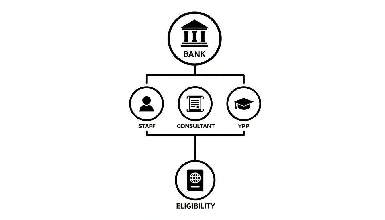 Flowchart illustrating bank roles (staff, consultant, YPP) and their connection to eligibility.