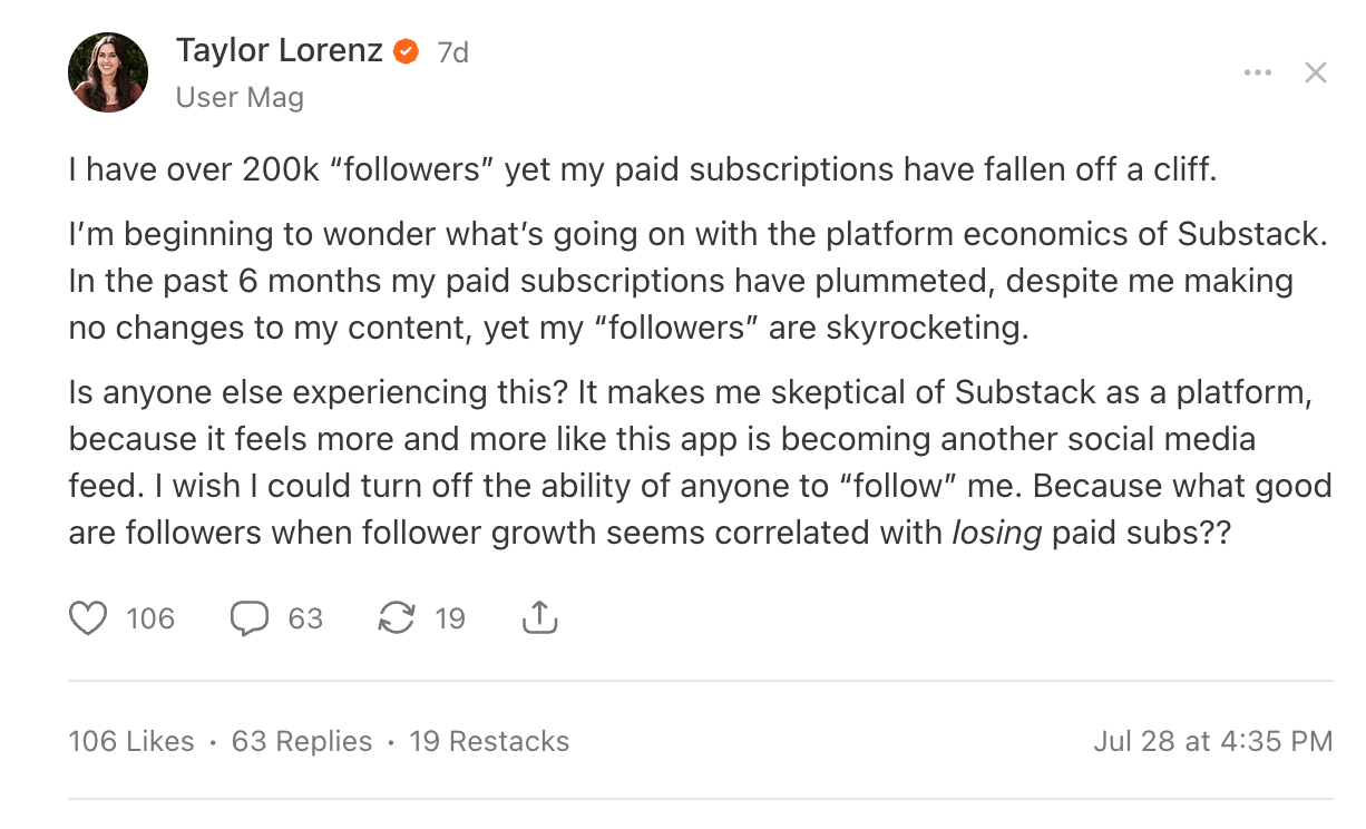 A Note by Taylor Lorenz complaining that she has 200,000 followers and not enough paid subscribers A Note by Taylor Lorenz complaining that she has 200,000 followers and not enough paid subscribers