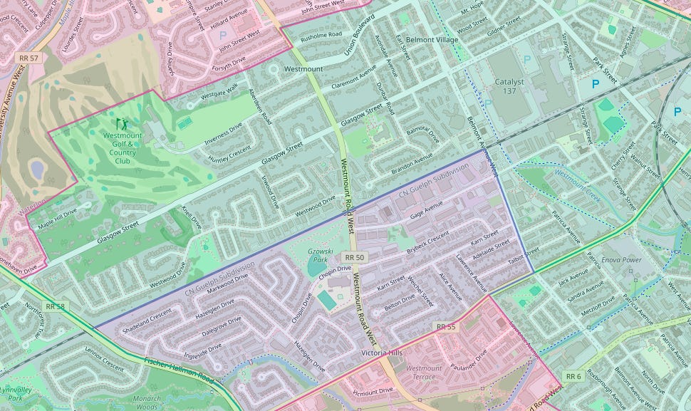Amenities map of Kitchener neighbourhoods showing various levels of access to amenities and services
