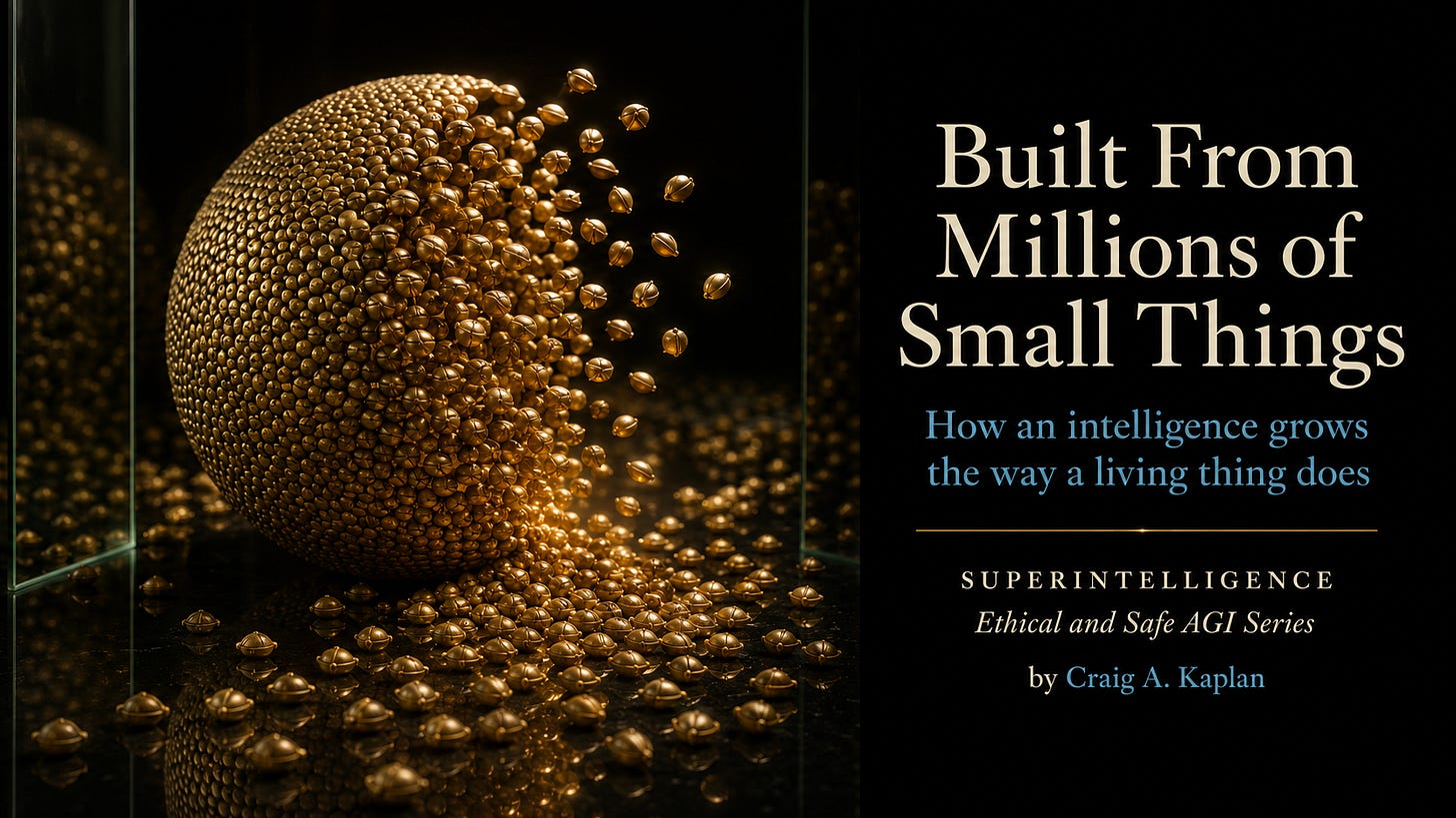 Dark editorial cover with a large brass sphere on the left, built from many small brass pieces, with loose pieces drifting into place and scattered across a reflective black surface. Two clear glass panes create faint reflections. On the right, the text reads: “Built From Millions of Small Things” “How an intelligence grows the way a living thing does” “SUPERINTELLIGENCE” “Ethical and Safe AGI Series” “by Craig A. Kaplan.”