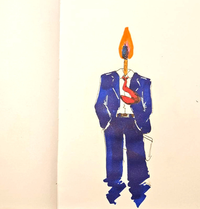 Desenho em canetinha de um corpo humano de terno azul, de frente, com as mãos no bolso e posição casual, mas no lugar da cabeça há um fósforo queimando