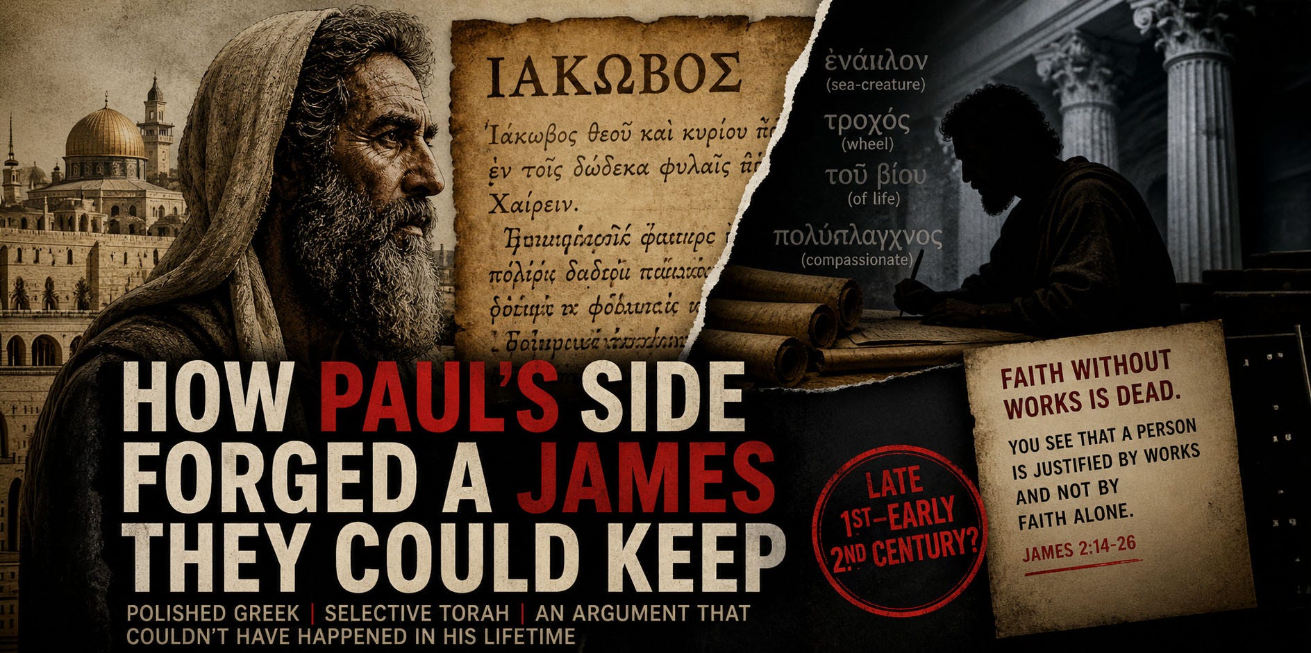 a historical-theological essay about the Epistle of James and Pauline Christianity. The image is split into contrasting visual layers: on one side, an aged, bearded ancient figure representing James of Jerusalem is shown in warm, earthy tones with the backdrop of ancient Jerusalem architecture and temple imagery. In the center, faded Greek manuscript fragments and parchment text evoke the New Testament epistle, including visible Greek lettering and aged paper texture. On the opposite side, a shadowed figure writing by candlelight represents a later Hellenistic or editorial author, set against darker tones with classical column imagery suggesting Greco-Roman influence.