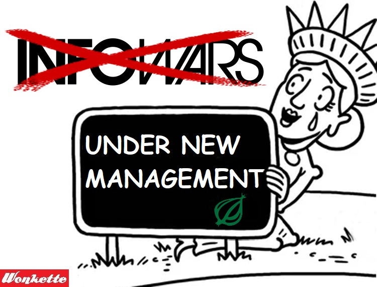 Mash-up of the Weeping Statue of Liberty character from 'Kelly's' cartoons at The Onion, smiling and crying as she looks at the InfoWars logo with a red X through it, as she holds a sign reading "Under New Management" with the Onion's logo underneath. Mash-up of the Weeping Statue of Liberty character from 'Kelly's' cartoons at The Onion, smiling and crying as she looks at the InfoWars logo with a red X through it, as she holds a sign reading "Under New Management" with the Onion's logo underneath.