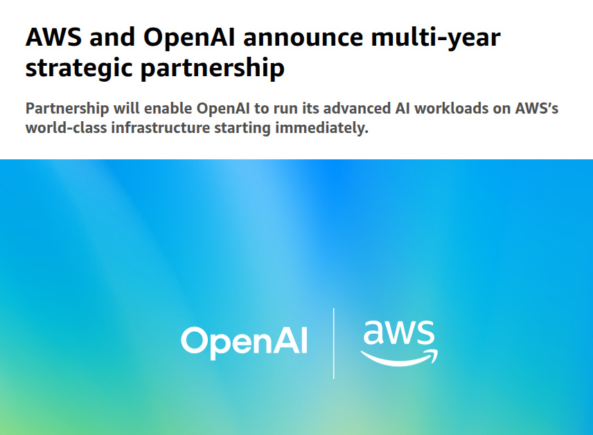 Blue gradient background with white text announcing AWS and OpenAI multi-year strategic partnership to run advanced AI workloads on AWS world-class infrastructure starting immediately OpenAI logo on left with OpenAI text AWS logo on right with AWS text Blue gradient background with white text announcing AWS and OpenAI multi-year strategic partnership to run advanced AI workloads on AWS world-class infrastructure starting immediately OpenAI logo on left with OpenAI text AWS logo on right with AWS text
