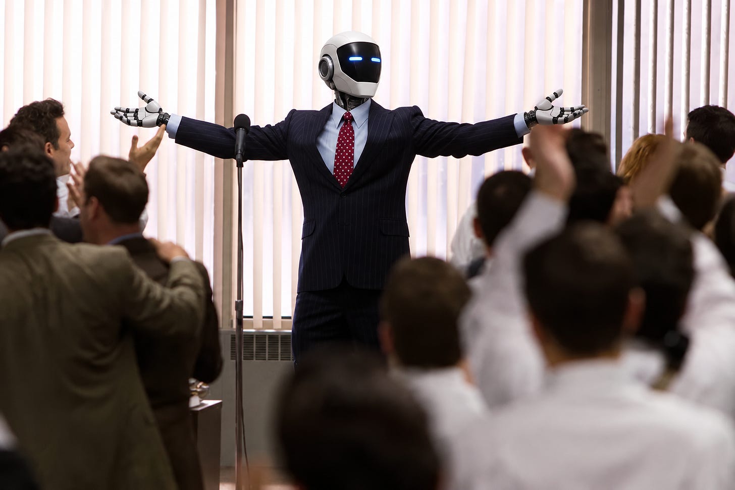 Robot in a suit addressing a cheering crowd with its arms outstretched.