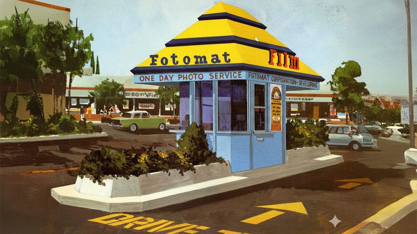 AI Image of a suburban Fotomat Kiosk AI Image of a suburban Fotomat Kiosk