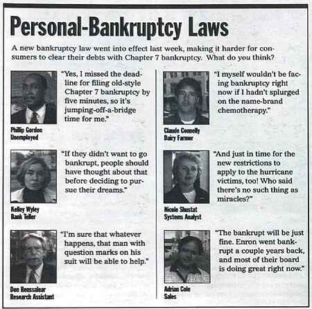 [Image shows a satirical opinion section titled "Personal-Bankruptcy Laws" with subtitle "A new bankruptcy law went into effect last week, making it harder for consumers to clear their debts with Chapter 7 bankruptcy. What do you think?" followed by mock interviews with various people]  Philip Gordon, Unemployed: "Yes, I missed the deadline for filing old-style Chapter 7 bankruptcy by five minutes, so it's jumping-off-a-bridge time for me."; Charla Connelly, Dairy Farmer: "I myself wouldn't be facing bankruptcy right now if I hadn't splurged on the name-brand chemotherapy."; Keller Wyley, Cattle Teller: "If they didn't want to go bankrupt, people should have thought about that before deciding to pursue their dreams."; Nicole Shustat, Systems Analyst: "And just in time for the new restrictions to apply to the hurricane victims, too! Who said there's no such thing as miracles?"; Don Renssalaer, Research Assistant: "I'm sure that whatever happens, that man with question marks on his suit will be able to help."; Adrian Cole, Sales: "The bankrupt will be just fine. Enron went bankrupt a couple years back, and most of their board is doing great right now."