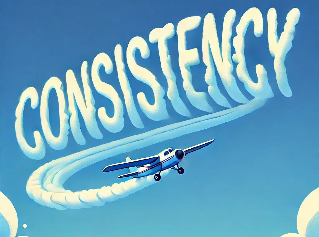 A flat art style illustration of a small airplane flying through a clear blue sky, leaving behind a thick, smooth trail of smoke that spells out the word 'consistency' in bold, flowing letters. The sky is a vibrant blue with a few soft, fluffy clouds, creating a peaceful and clean scene. The plane is simple and sleek, matching the flat, minimalistic art style, and the smoke letters are large and easy to read, stretching across the sky in an elegant, consistent arc.