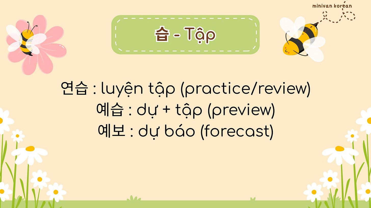 May be a doodle of text that says 'minivan minivankoréan korean 습- 습-T 연습: luyện tập (practice/review) review) 예습: dự dự+tập tập (preview) 예보 dự báo (forecast)'