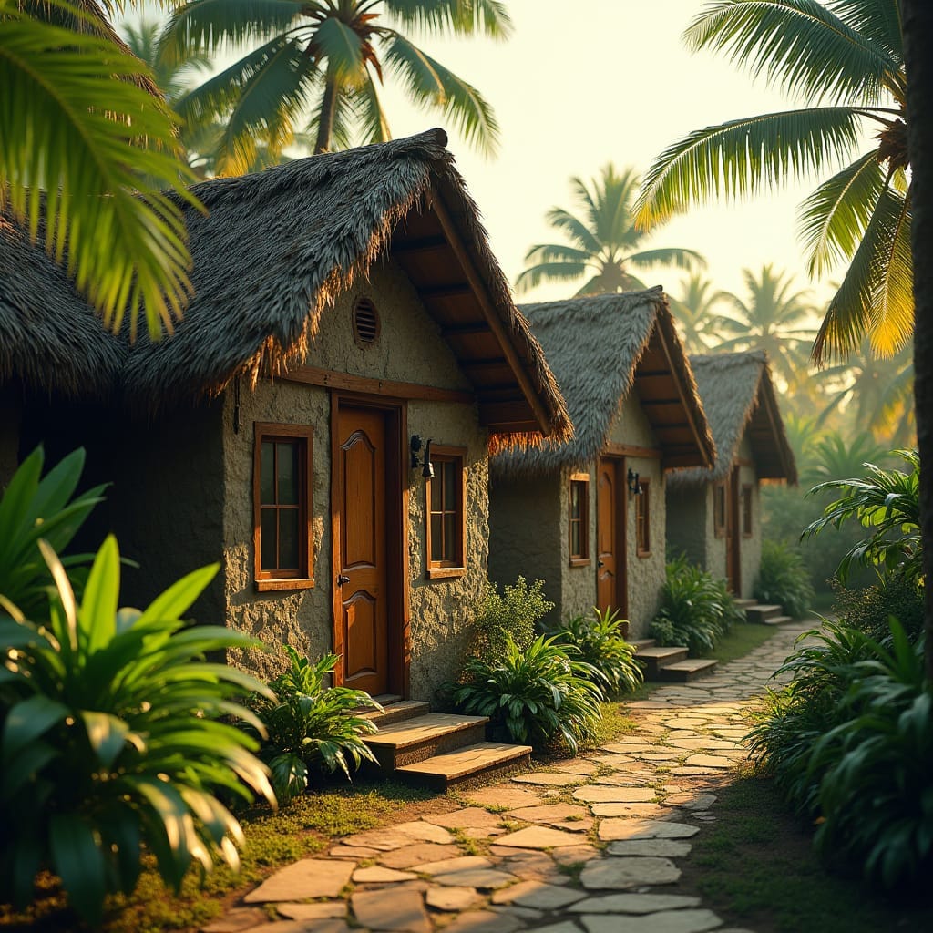 Quaint Jamaican cottages crafted from rustic wood and stone, nestled among lush Caribbean foliage