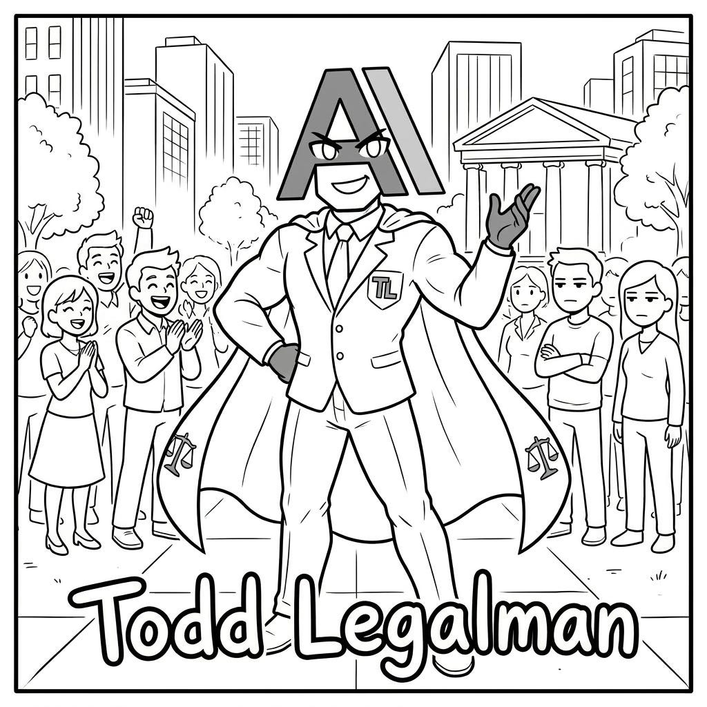 A lawyer superhero with a cape and the Anthropic logo as his head. Some people are enthusiastic. Others, not so much. Below him are the words, "Todd Legalman".