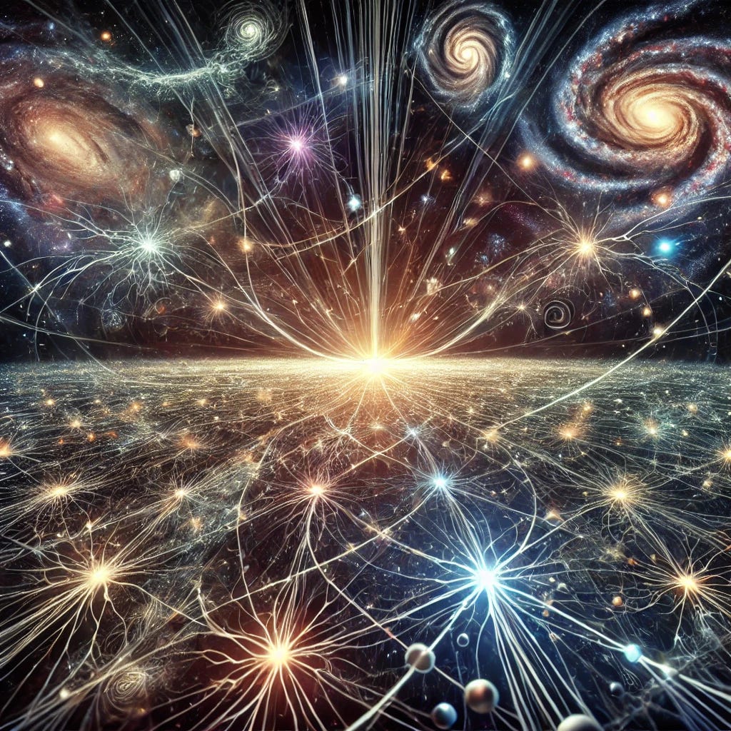 A conceptual illustration of Magnetivity as a unifying universal force. Visualize an expansive cosmic scene where subtle magnetic field lines connect particles, galaxies, and even neuron-like structures in space, symbolizing interconnectedness across all scales—from quantum particles to the structure of galaxies. Light particles and waves interweave through the magnetic fields, representing the interaction between matter, energy, and consciousness. Dark matter-like clouds and clusters add depth to the cosmic web, and hints of a quantum field shimmer faintly in the background. The image should evoke the mysteries of the universe, with intricate details in a vast, interconnected cosmic landscape. A conceptual illustration of Magnetivity as a unifying universal force. Visualize an expansive cosmic scene where subtle magnetic field lines connect particles, galaxies, and even neuron-like structures in space, symbolizing interconnectedness across all scales—from quantum particles to the structure of galaxies. Light particles and waves interweave through the magnetic fields, representing the interaction between matter, energy, and consciousness. Dark matter-like clouds and clusters add depth to the cosmic web, and hints of a quantum field shimmer faintly in the background. The image should evoke the mysteries of the universe, with intricate details in a vast, interconnected cosmic landscape.