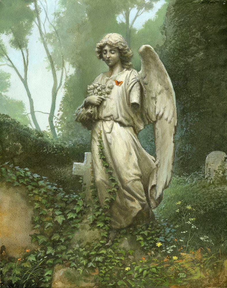 An orange butterfly settles on the chest of an angel statue. Its eyes are closed solemnly, and the left arm is broken off while the right is clutching a bouquet of flowers. Green and orange wildflowers dot the slope leading up to the statue, and strands of ivy creep up the angel's robes. A cross-shaped gravestone is partially obscured by the angel. Another rounded headstone sits at the right edge of the frame. Otherwise, the background is filled with greenery that gives way to loosely rendered trees and a peek of pale blue sky. An orange butterfly settles on the chest of an angel statue. Its eyes are closed solemnly, and the left arm is broken off while the right is clutching a bouquet of flowers. Green and orange wildflowers dot the slope leading up to the statue, and strands of ivy creep up the angel's robes. A cross-shaped gravestone is partially obscured by the angel. Another rounded headstone sits at the right edge of the frame. Otherwise, the background is filled with greenery that gives way to loosely rendered trees and a peek of pale blue sky.