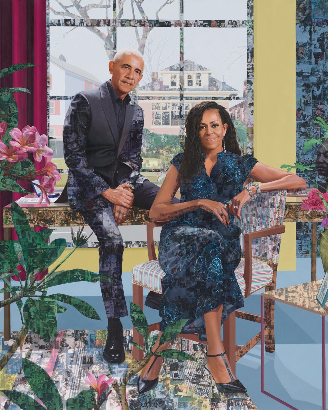 The Obamas' first-ever commissioned portrait together, painted by Njideka Akunyili Crosby, now featured in the lobby of the new Obama Presidential Library. The Obamas' first-ever commissioned portrait together, painted by Njideka Akunyili Crosby, now featured in the lobby of the new Obama Presidential Library.