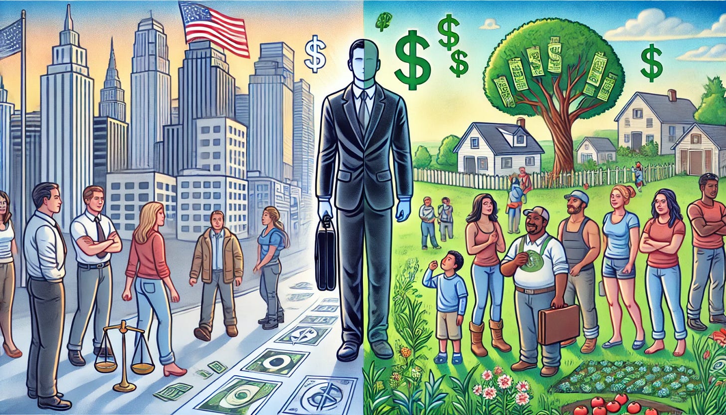 An illustration representing 'The Two Faces of American Individualism.' On one side, a figure stands alone in front of a cityscape, holding symbols of success like a briefcase and a dollar sign, embodying the values of individual achievement and capitalism. On the other side, a group of diverse people stand together in a community setting with greenery, symbolizing collective responsibility, equality, and social welfare. The background transitions smoothly from a corporate city to a neighborhood park. The style is clear and vibrant, emphasizing the contrast between individualistic success and community-oriented values. An illustration representing 'The Two Faces of American Individualism.' On one side, a figure stands alone in front of a cityscape, holding symbols of success like a briefcase and a dollar sign, embodying the values of individual achievement and capitalism. On the other side, a group of diverse people stand together in a community setting with greenery, symbolizing collective responsibility, equality, and social welfare. The background transitions smoothly from a corporate city to a neighborhood park. The style is clear and vibrant, emphasizing the contrast between individualistic success and community-oriented values.