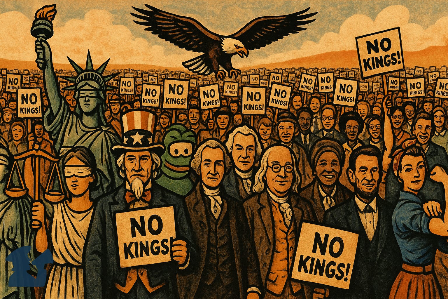 Illustration of iconic American figures protesting during No Kings Day