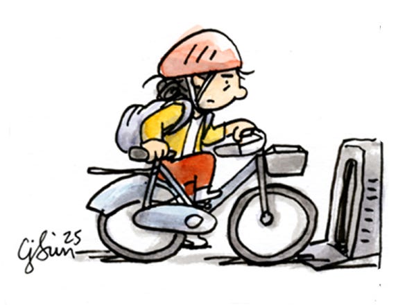 Illustration of a girl with a helmet figuring out how to use a rideshare bike, by Connie Sun, cartoonconnie, 2025