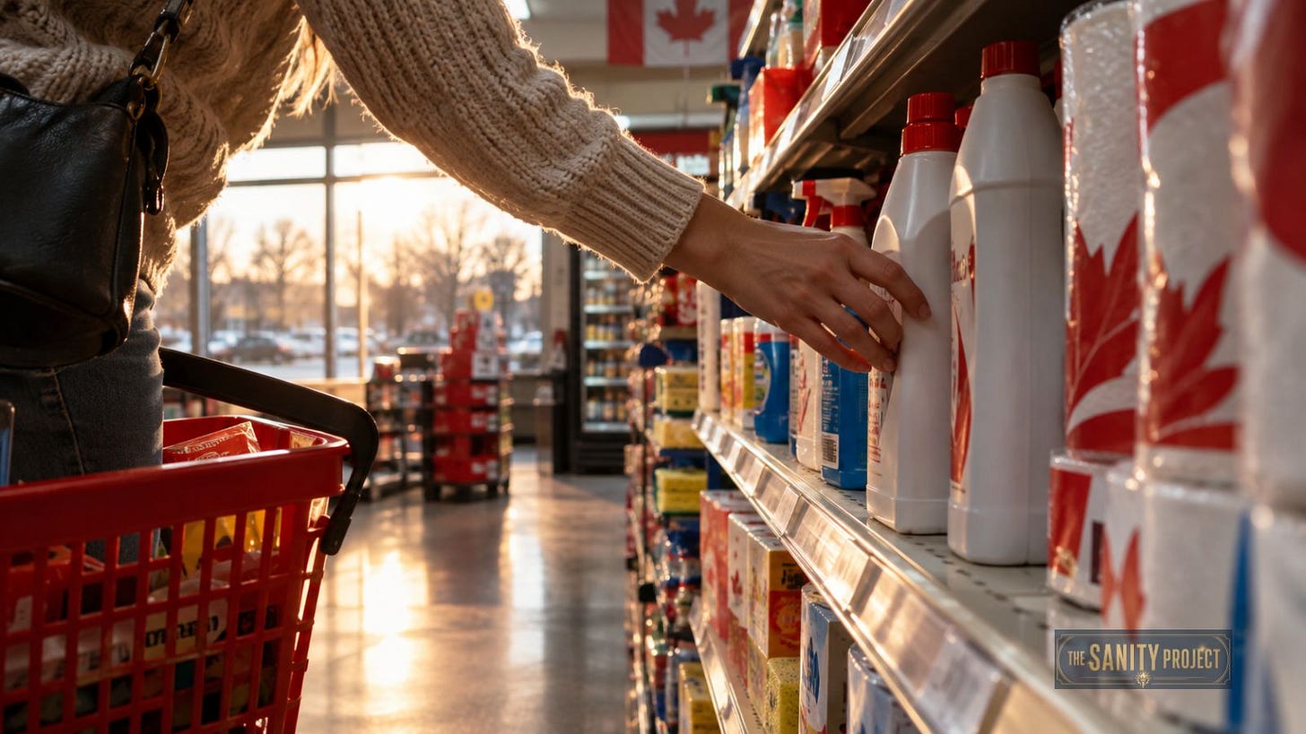 A shopper reaching for made-in-Canada products on a grocery store shelf A shopper reaching for made-in-Canada products on a grocery store shelf