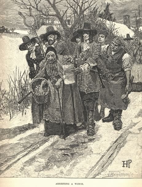 Salem witch trials: a group of stern Puritans arrest an old women accused of witchcraft. They’re showing her a warrant. Salem witch trials: a group of stern Puritans arrest an old women accused of witchcraft. They’re showing her a warrant.
