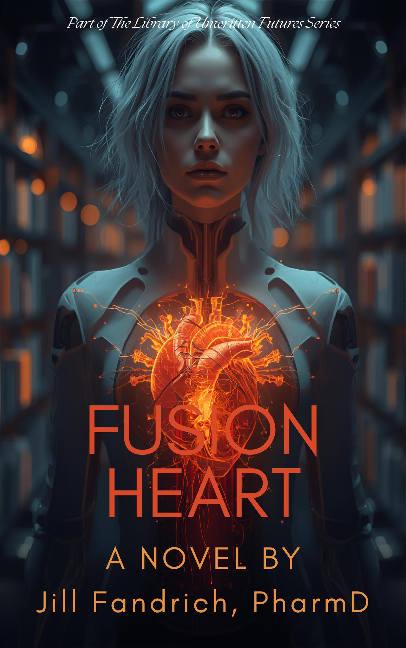 Young woman, almost robotic, with a focused expression, stands motionless, a bright image of a living heart shown as if transparent, with detailed valves and pulsing veins. The background is a blur of shelves in a library, some glowing, some not, part of the storyline for Fusion Heart.