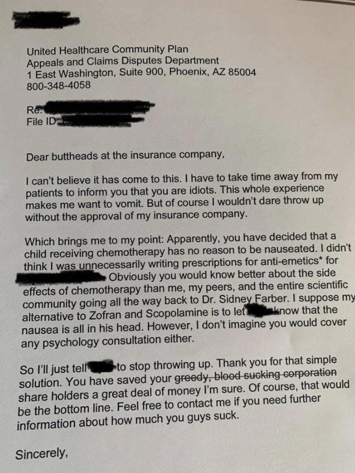 r/interestingasfuck - A doctor’s letter to UnitedHeathcare for denying nausea medication to a child on chemotherapy