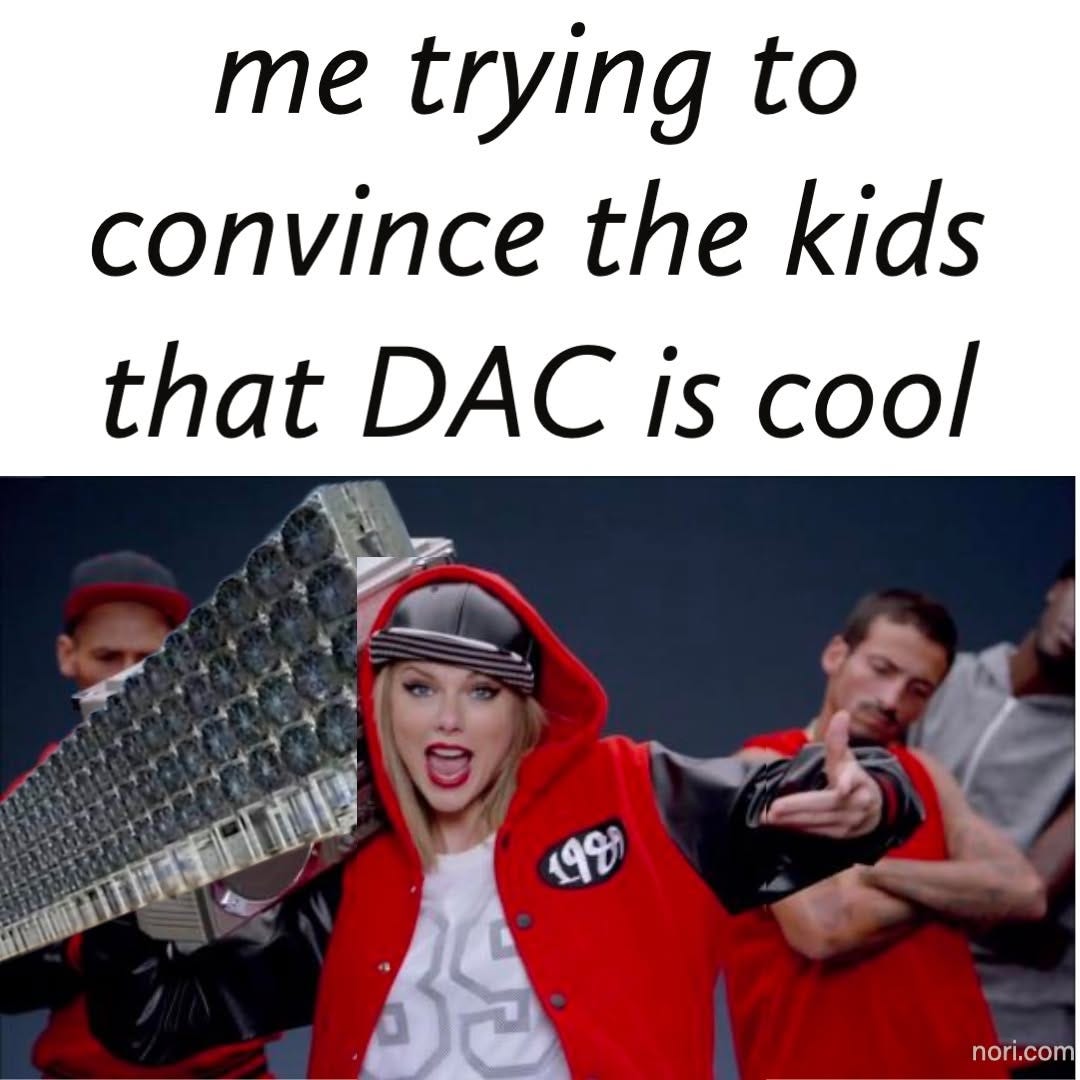 Taylor Swift in a red hoodie from a music video, carrying a direct air capture unit like a boombox, under the text "me trying to convince the kids that DAC is cool".