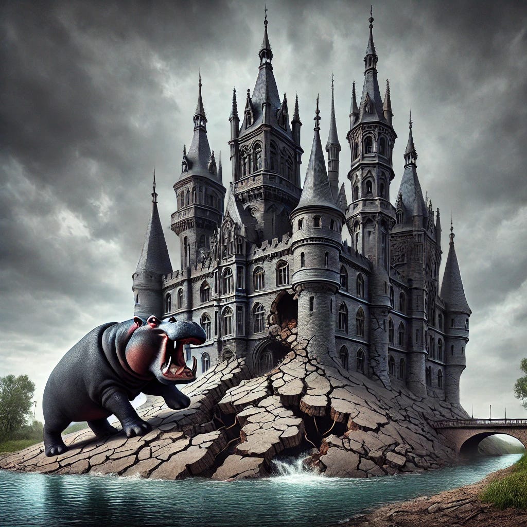 A dramatic, gothic-style medieval castle perched on a crumbling stone foundation by a river. The castle is tall and spired, resembling classic European Gothic architecture with dark, moody tones and intricate stonework. At the base, a cartoonish but expressive hippo is aggressively attacking the crumbling foundation, causing cracks to spread through the structure. The sky is overcast and stormy, creating a tense, surreal atmosphere. There are no references to nutrition or science—just a symbolic image of instability and unexpected threat. The style is darkly elegant and semi-realistic with a touch of fantasy.