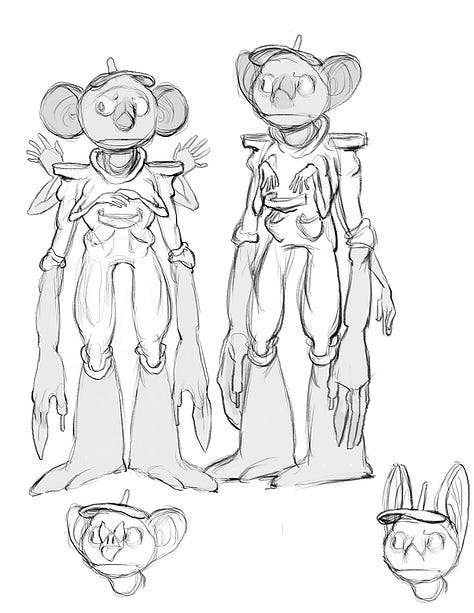 A sketch of some aliens, a small detail from a painting, and a black and white illustration of a spooky forest