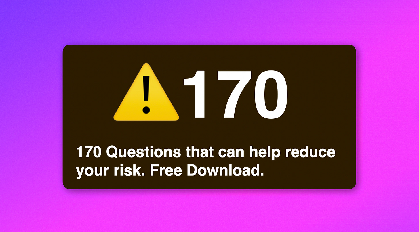 170 questions to ask to reduce risk. Free Download. Adam Ryan Monash. 
 San Francisco, New York, Silicon Valley, Paris, London, Berlin, Singapore, Melbourne, Sydney #Startupgrowthhacking Adam Ryan Monash University