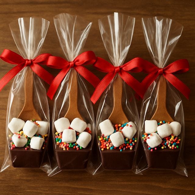 This may contain: four bags filled with marshmallows, chocolate and sprinkles on top of a wooden table This may contain: four bags filled with marshmallows, chocolate and sprinkles on top of a wooden table
