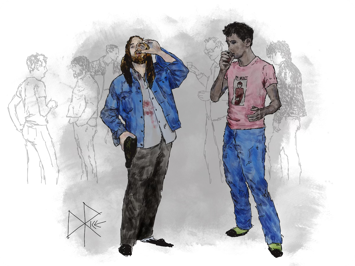At a party, two men drink their final portions of wine from the now empty bottle that one of them still holds in his hand. Sketch art by Don Rice.