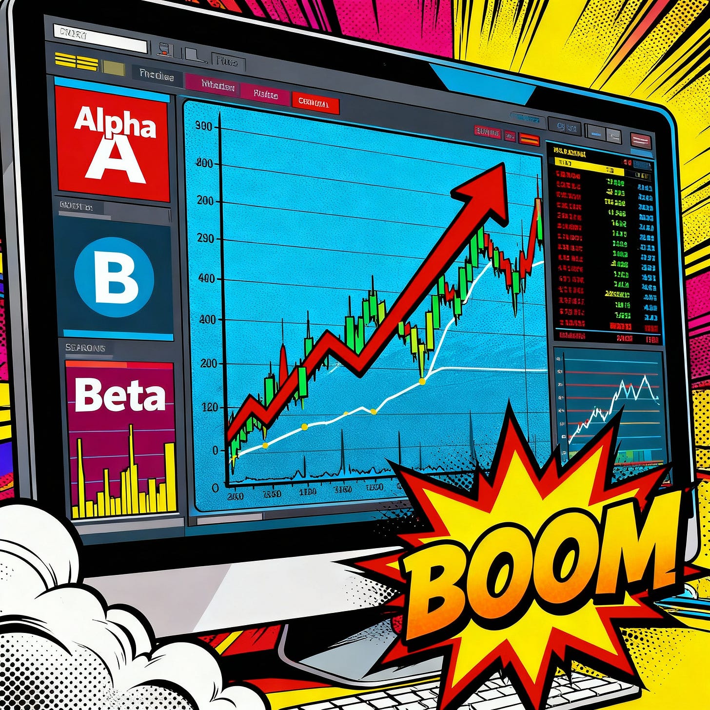 Dashboard trading pop-art avec symboles Alpha-Beta