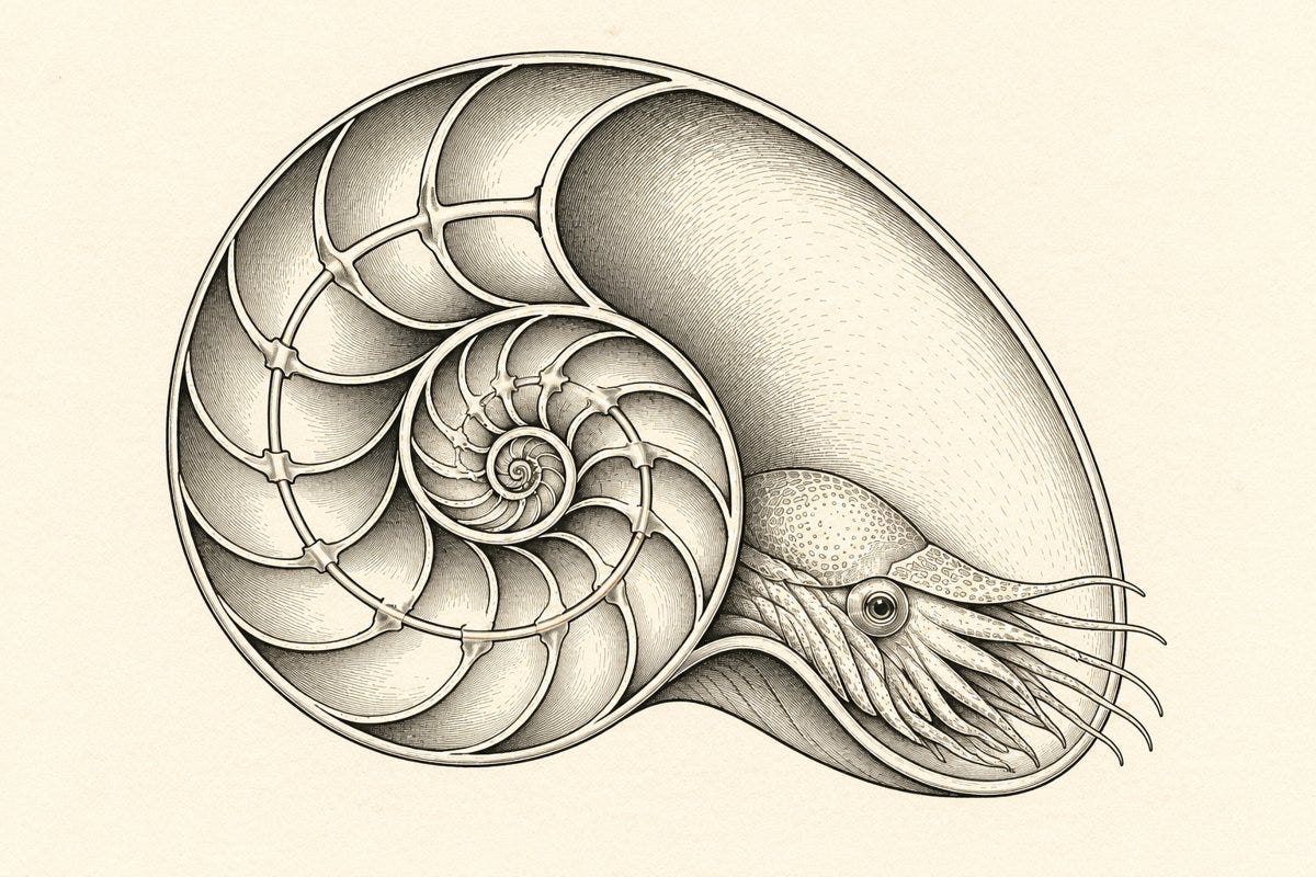 The chambered shell with the animal in its outermost chamber. The earlier chambers remain in place and stay connected.