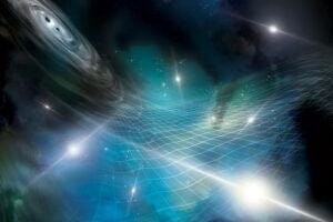 Artist's concept of a collection of pulsars that detect gravitational waves from pairs of orbiting supermassive black holes.