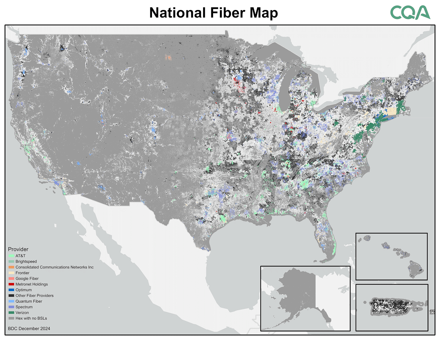 CostQuest National Fiber Optic Market Map reflecting where fiber has expanded from June 2024 to December 2024.