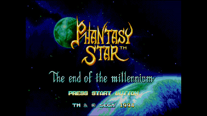 The title screens for the first four Phantasy Star games. The first, second, and fourth all have a similar logo, with a stylized font in yellow that says "Phantasy Star", whereas Phantasy Star III uses blue letters made from columns and malleable metal to form a logo that says, "PSIII," and then "Phantasy Star III" in plain white text beneath it. "Generations of Doom" is scrawled across the logo in a cursive script, and the background is completely black, unlike the outer space theme of the other three.