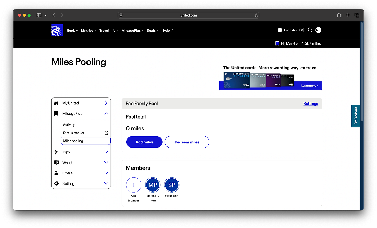 Screenshot of MileagePlus website Miles Pooling feature Screenshot of MileagePlus website Miles Pooling feature